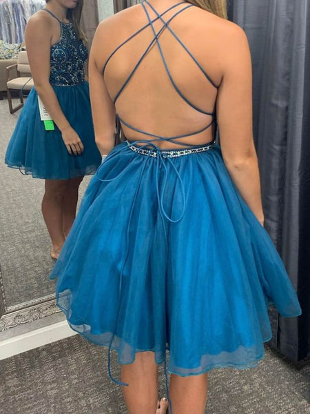 A Line Backless Beaded Short Blue Prom Dresses, Blue Homecoming Dresse Shiny Party A Line Backless Beaded Short Blue Prom Dresses, Blue Homecoming Dresse Shiny Party