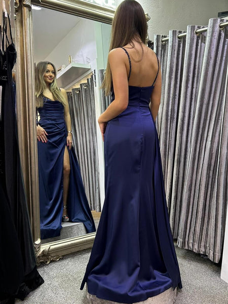 A Line Open Back Navy Blue Satin Long Prom Dresses with High Slit, Lon – Shiny Party