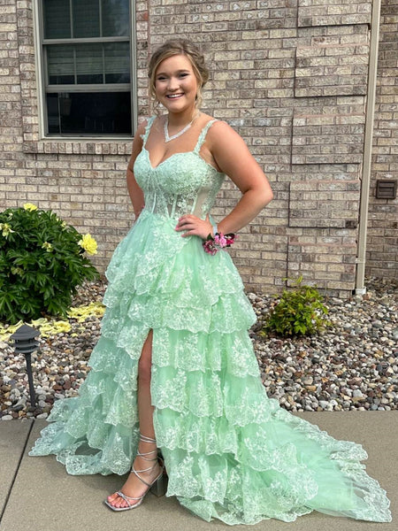 A Line Sweetheart Neck Layered Mint Green Lace Long Prom Dresses with – Shiny Party