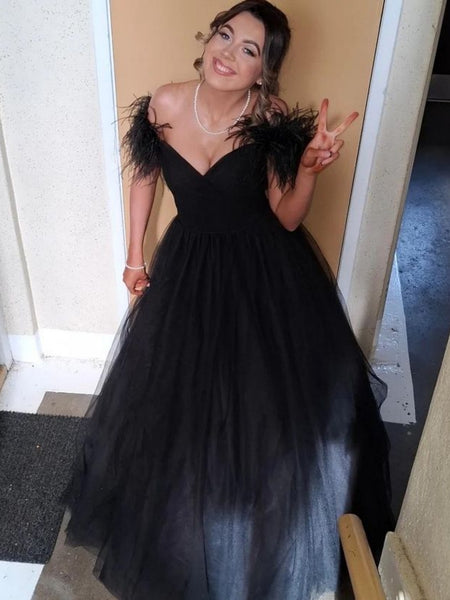 A Line V Neck Black Tulle Long Prom Dresses with Feathers, Long Black