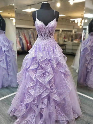 A Line V Neck Fluffy Lilac Lace Long Prom Dresses, Lilac Lace Formal Dresses, Purple Evening Dresses SP2922