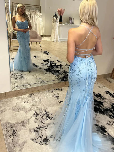 Backless Mermaid Beaded Blue Lace Long Prom Dresses, Mermaid Blue Formal Dresses, Blue Evening Dresses SP2820