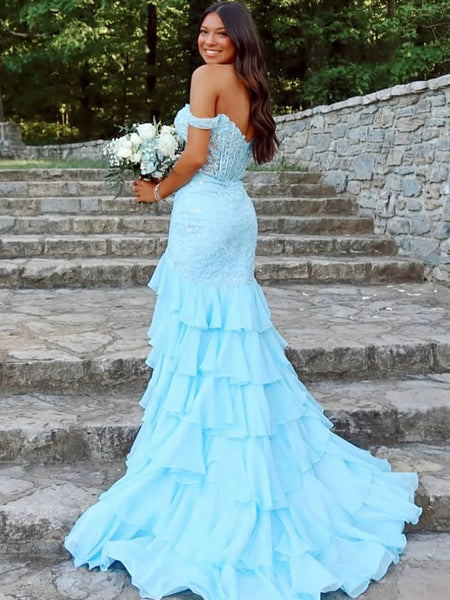 Off the Shoulder Light Blue Lace Long Prom Dresses with Slit, Light Bl