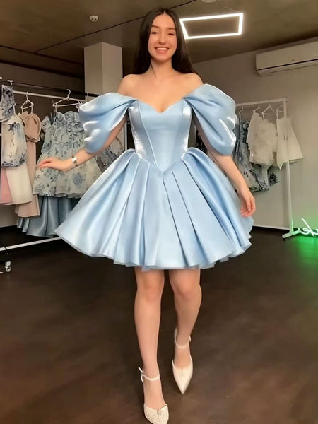 Off the Shoulder Light Blue Satin Short Prom Dresses, Off Shoulder Blue Homecoming Dresses SP3490