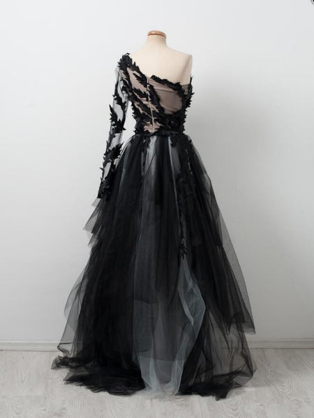 One Shoulder Long Sleeves Black Lace Gray Long Prom Dresses, Black Lace Formal Dresses, Gray Evening Dresses SP2837