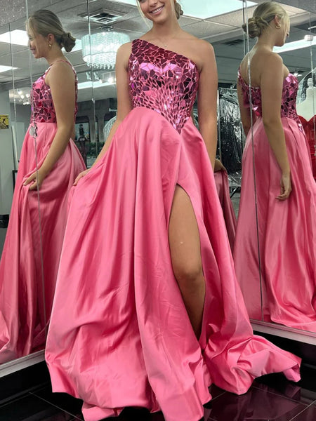 One Shoulder Mirror Sequins Pink Long Prom Dresses with High Slit, One Shoulder Pink Formal Graduation Evening Dresses SP2773