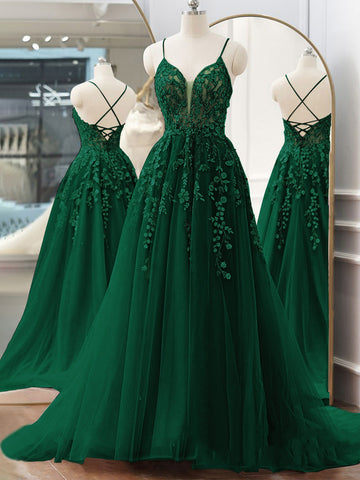 Open Back V Neck Green Lace Floral Long Prom Dresses, Green Lace Formal Dresses, Green Evening Dresses SP2676