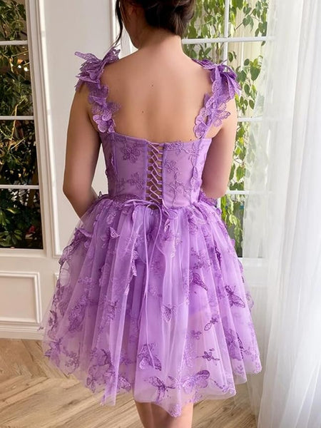 Princess Purple Lace Floral Short Prom Dresses, Lilac Homecoming Dresses with Appliques, Purple Formal Graduation Evening Dresses SP2734
