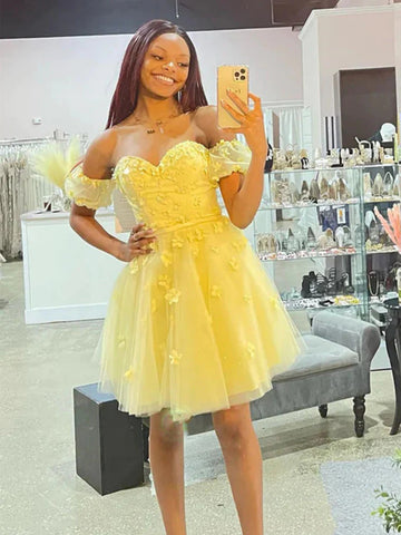 Princess Yellow Floral Short Prom Dresses, Sweetheart Neck Yellow Homecoming Dresses, Strapless Yellow Formal Graduation Evening Dresses SP2980