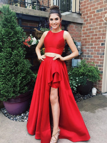 Round Neck Two Pieces High Low Red Long Prom Dresses, 2 Pieces Red Formal Dresses, Long Red Evening Dresses SP2703