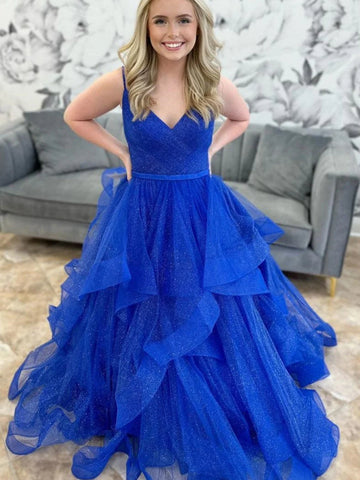 Shiny V Neck Blue Tulle Long Prom Dresses, Fluffy Blue Formal Evening Dresses, Blue Ball Gown SP2830