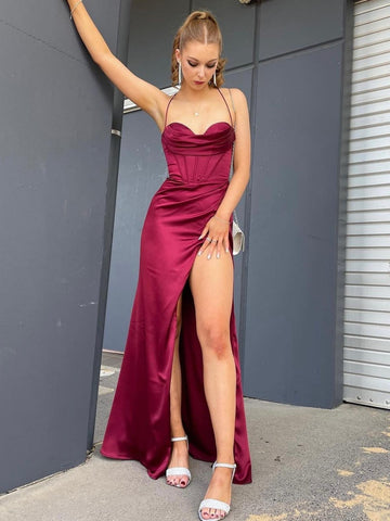 Simple Sweetheart Neck Burgundy Long Prom Dresses with High Slit, Long Wine Red Formal Graduation Evening Dresses SP2681