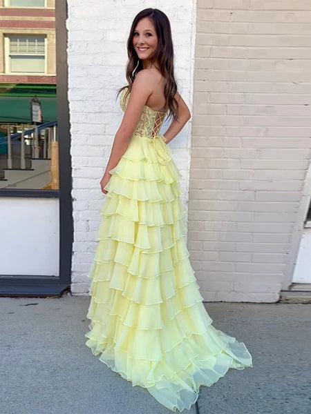 Strapless Layered Yellow Lace Top Long Prom Dresses, Long Yellow Formal Dresses, Yellow Chiffon Evening Dresses SP2833