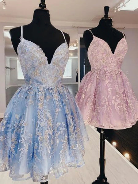V Neck Blue/Pink Lace Short Prom Dresses, Blue/Pink Lace Homecoming Dresses, Short Lace Appliques Formal Evening Dresses SP2778