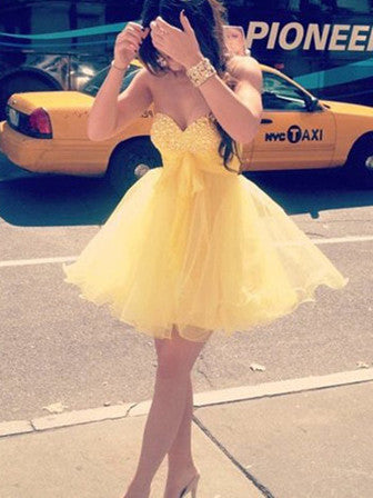 Sweetheart Neck Short Yellow Prom Dress, Homecoming Dress, Graduation Shiny Party Sweetheart Neck Short Yellow Prom Dress, Homecoming Dress, Graduation Shiny Party