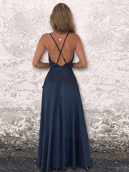 A Line Backless Blue Prom Dress With Slit, Blue Formal Dress, Backless Blue Evening Dress