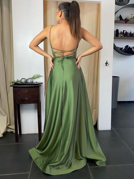 A Line Backless Green Satin Long Prom Dresses with Leg Slit, Backless Green Formal Graduation Evening Dresses SP2143