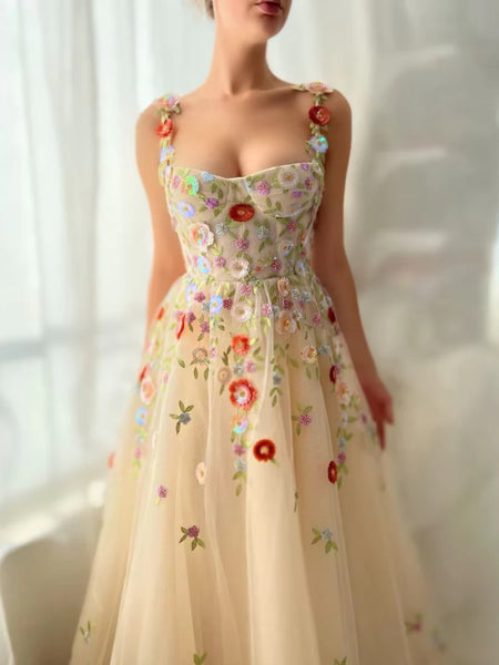 A Line Champagne Tulle Floral Long Prom Dresses, Champagne Formal Graduation Evening Dresses with 3D Flowers SP2630