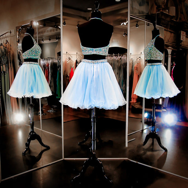 A Line Round Neck Two Pieces Backless Short Light Blue Prom Dresses, Backless Formal Dresses, Homecoming Dresses