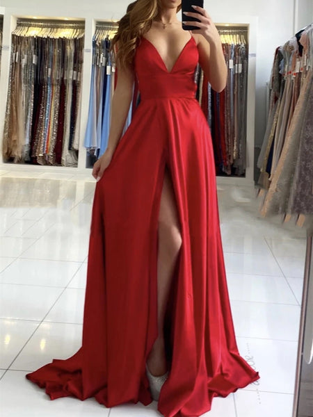 A Line V Neck Backless Long Red Prom Dresses with High Slit, Backless
