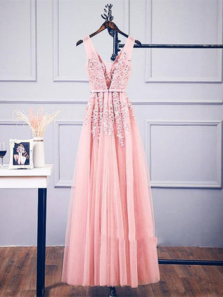 A Line V Neck Lace Pink Prom Dress, Pink Lace Formal Dress, Pink Evening Dress