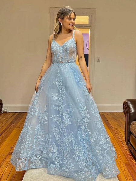 A Line V Neck Light Blue Lace Long Prom Dresses, Light Blue Floral For
