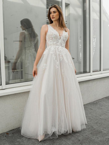 A Line V Neck White Lace Long Prom Dresses, White Lace Wedding Dresses, White Formal Evening Dresses SP2530