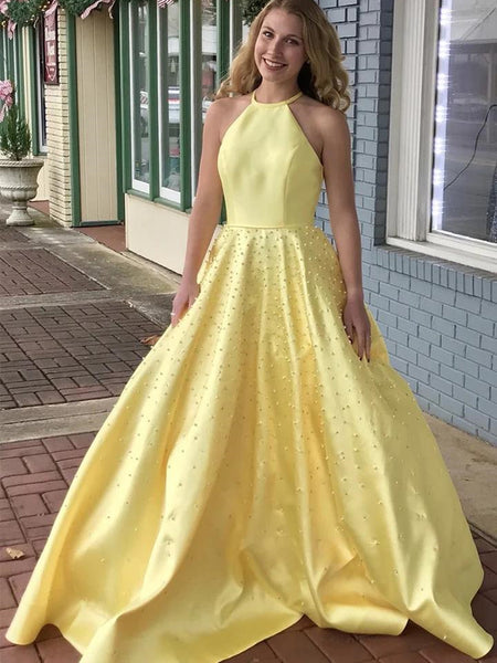 A Line Yellow Satin Beaded Long Prom Dresses, Yellow Formal Graduation