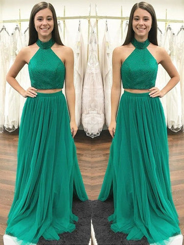 A Line High Neck Two Pieces Green Prom Dress With Beading, Green Formal Dress, Two Pieces Evening Dress