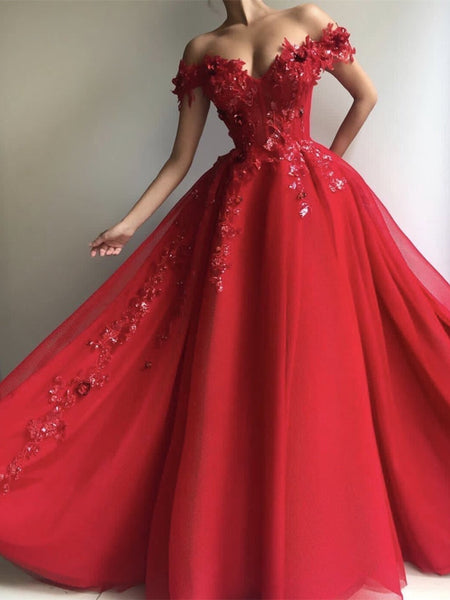 A Line Off Shoulder Tulle Red Long Prom Dresses with Appliques Sequins, Red Formal Dresses, Ball Gown