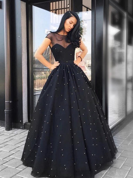 A Line Round Neck Beading Black Tulle Long Prom Dresses, Black Formal Shiny Party A Line Round Neck Beading Black Tulle Long Prom Dresses, Black Formal Shiny Party