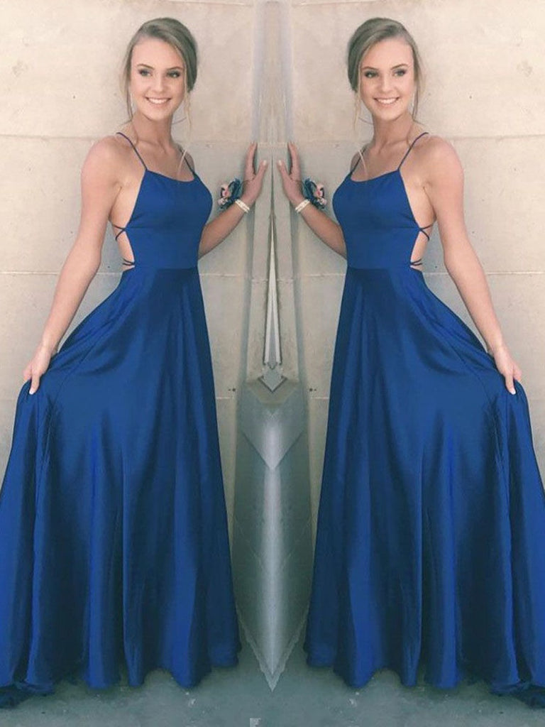 A Line Spaghetti Straps Backless Satin Royal Blue Prom Dresses, Royal Blue Formal Dresses, Graduation Dresses
