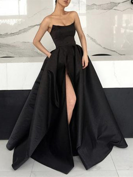 A Line Strapless High Slit Burgundy/Pink/Black Prom Dresses, High Slit