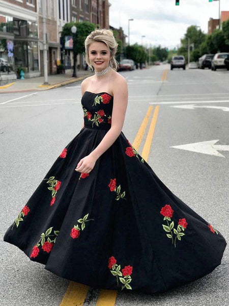 A Line Sweetheart Neck Satin Black Long Prom Dresses with Embroidery F – Shiny Party