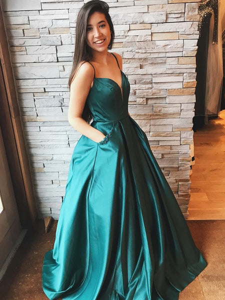 A Line V Neck Satin Long Emerald Green Prom Dresses with Pocket, V Nec Shiny Party A Line V Neck Satin Long Emerald Green Prom Dresses with Pocket, V Nec Shiny Party
