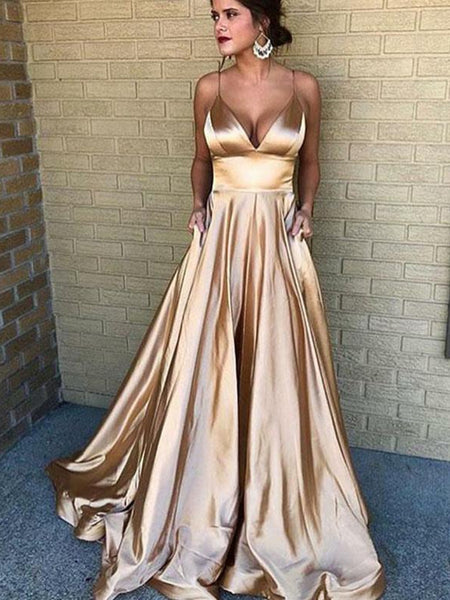 A Line V Neck Spaghetti Straps Champagne Long Prom Dresses, Champagne