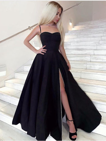 Black Sweetheart Neck Long Prom Dresses with High Split, Black Formal Dresses, Evening Dresses