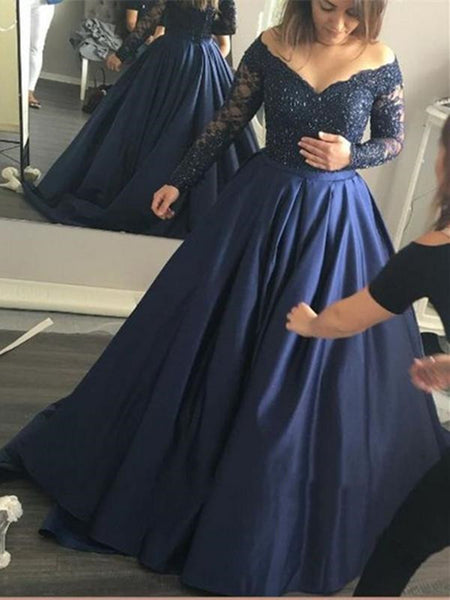 Custom Made Dark Blue Long Sleeves Lace Prom Gown, Navy Blue Prom Dres