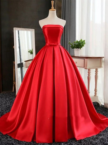 Custom Made Simple Ball Gown Strapless Sweep Train Red Ruched Prom Dress With Bow