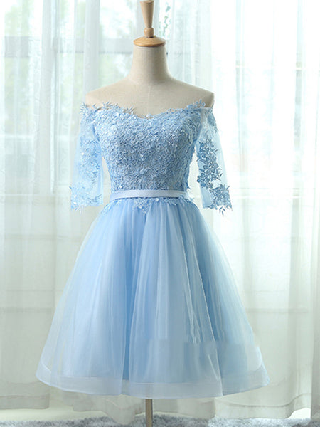 Cute Lace Short Light Blue Prom Dresses, Light Blue Homecoming Dresses