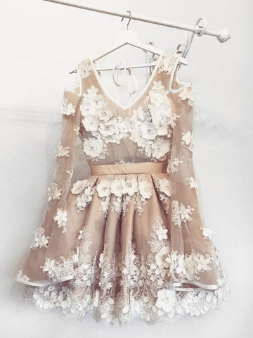Cute Long Sleeves Short Champagne Floral Prom Dresses, Champagne Floral Formal Graduation Homecoming Dresses