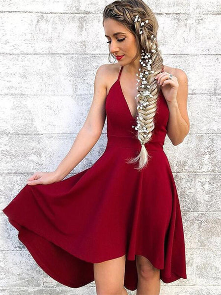 Cute A Line Halter Neck Burgundy Short Prom Dresses, Burgundy Homecomi   Shiny Party