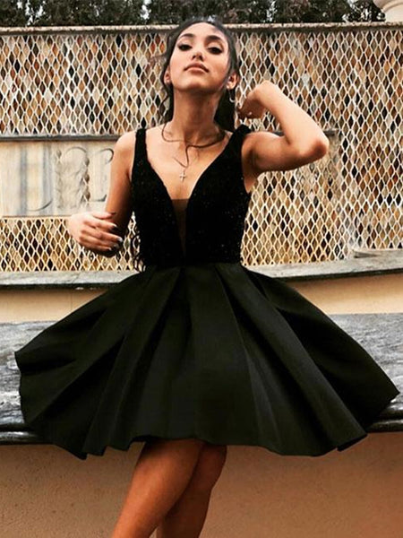 Cute V Neck Black Short Prom Dresses, Black Homecoming Dresses, Black Shiny Party Cute V Neck Black Short Prom Dresses, Black Homecoming Dresses, Black Shiny Party