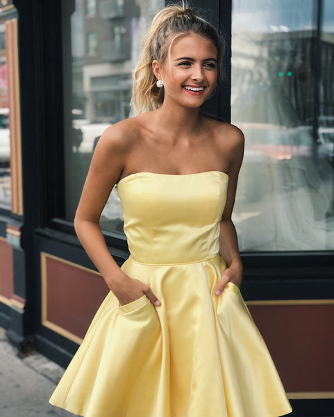 Cute Yellow Satin Strapless Short Prom Dresses with Pockets, Yellow Homecoming Dresses, Graduation Dresses, Simple Evening Dresses