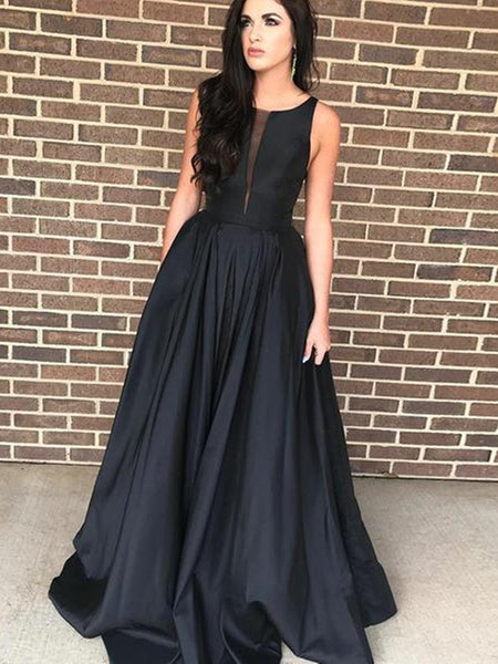 Elegant A Line Satin Black Prom Dresses, Black Formal Dresses, Black E