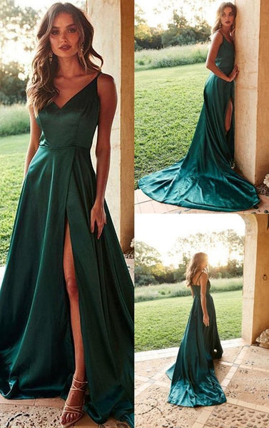 A Line V Neck High Split Green Satin Long Prom Dresses with Train, Green Formal Dresses, Evening Dresses 2019