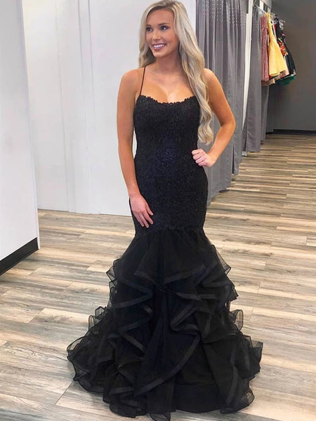 Elegant Mermaid Puffy Black Lace Long Prom Dresses, Mermaid Lace Black Shiny Party Elegant Mermaid Puffy Black Lace Long Prom Dresses, Mermaid Lace Black Shiny Party