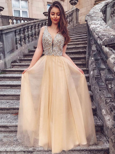 Elegant V Neck Sequins Long Chapagne Prom Dresses, Sparkly Champagne F Shiny Party Elegant V Neck Sequins Long Chapagne Prom Dresses, Sparkly Champagne F Shiny Party