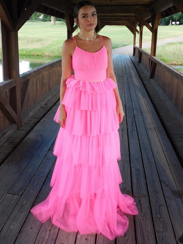 Fashion Open Back Layered Pink Long Prom Dresses, Pink Formal Graduation Evening Dresses SP2323