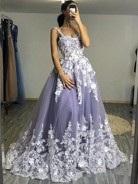 Fluffy White Floral Lace Top Gray Long Prom Dresses Floral Lace Gray Formal Evening Dresses Gray Ball Gown
